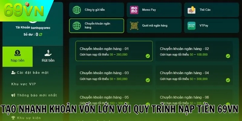 69VN Tạo nhanh khoản vốn lớn với quy trình nạp tiền 69VN